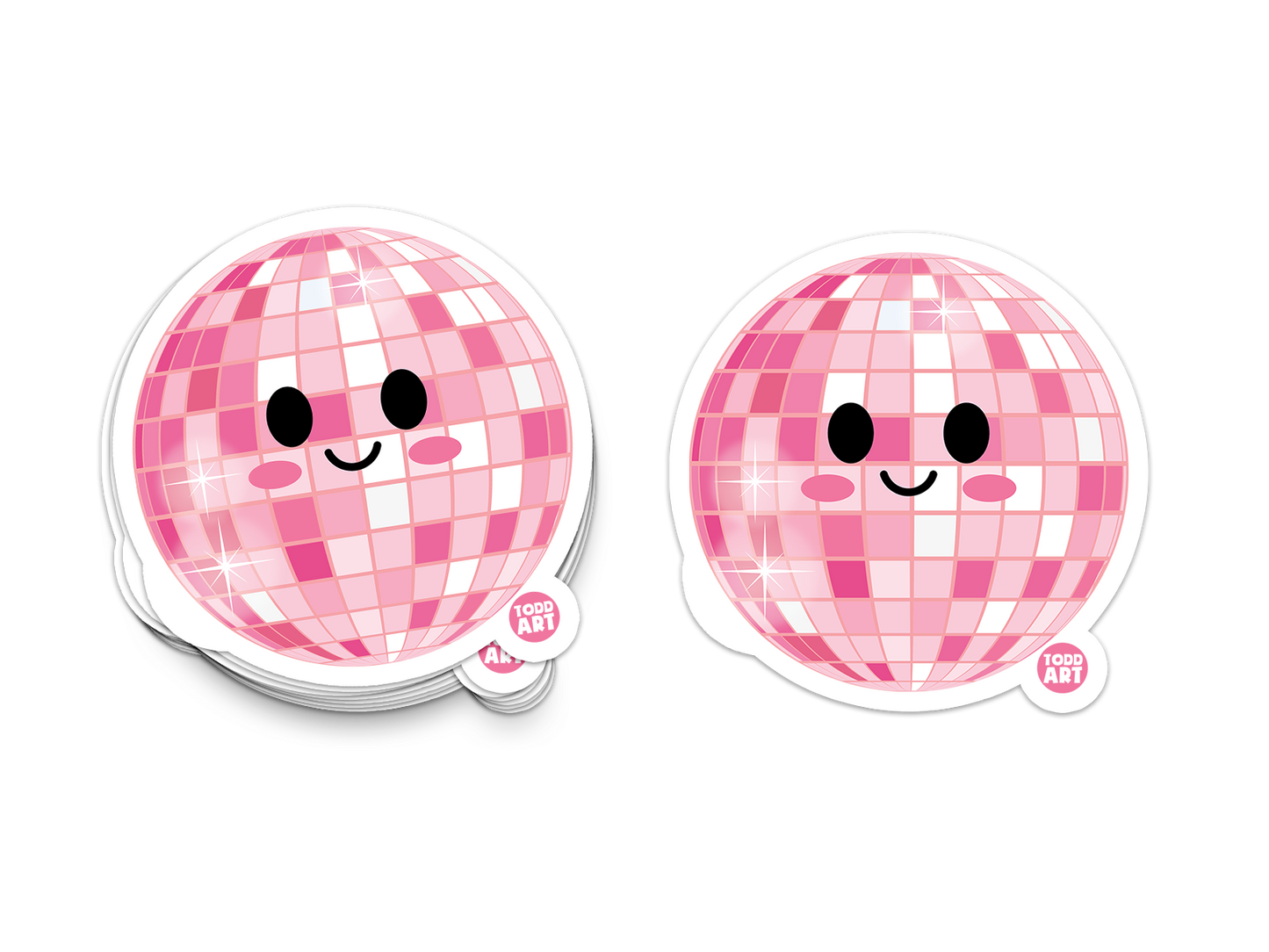 Shiny pink disco ball sticker with smiling kawaii face