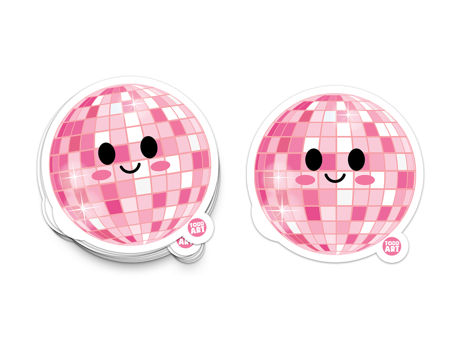 Shiny pink disco ball sticker with smiling kawaii face