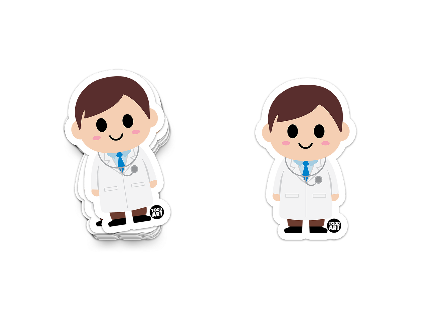 Smiling cartoon doctor sticker in white lab coat with stethoscope