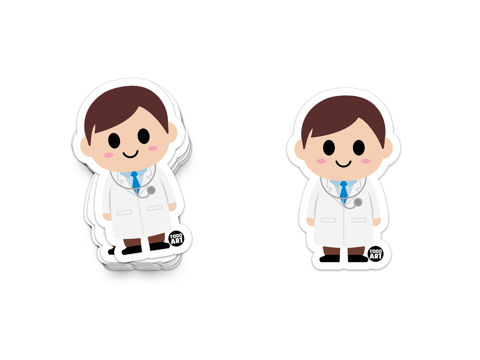 Smiling cartoon doctor sticker in white lab coat with stethoscope