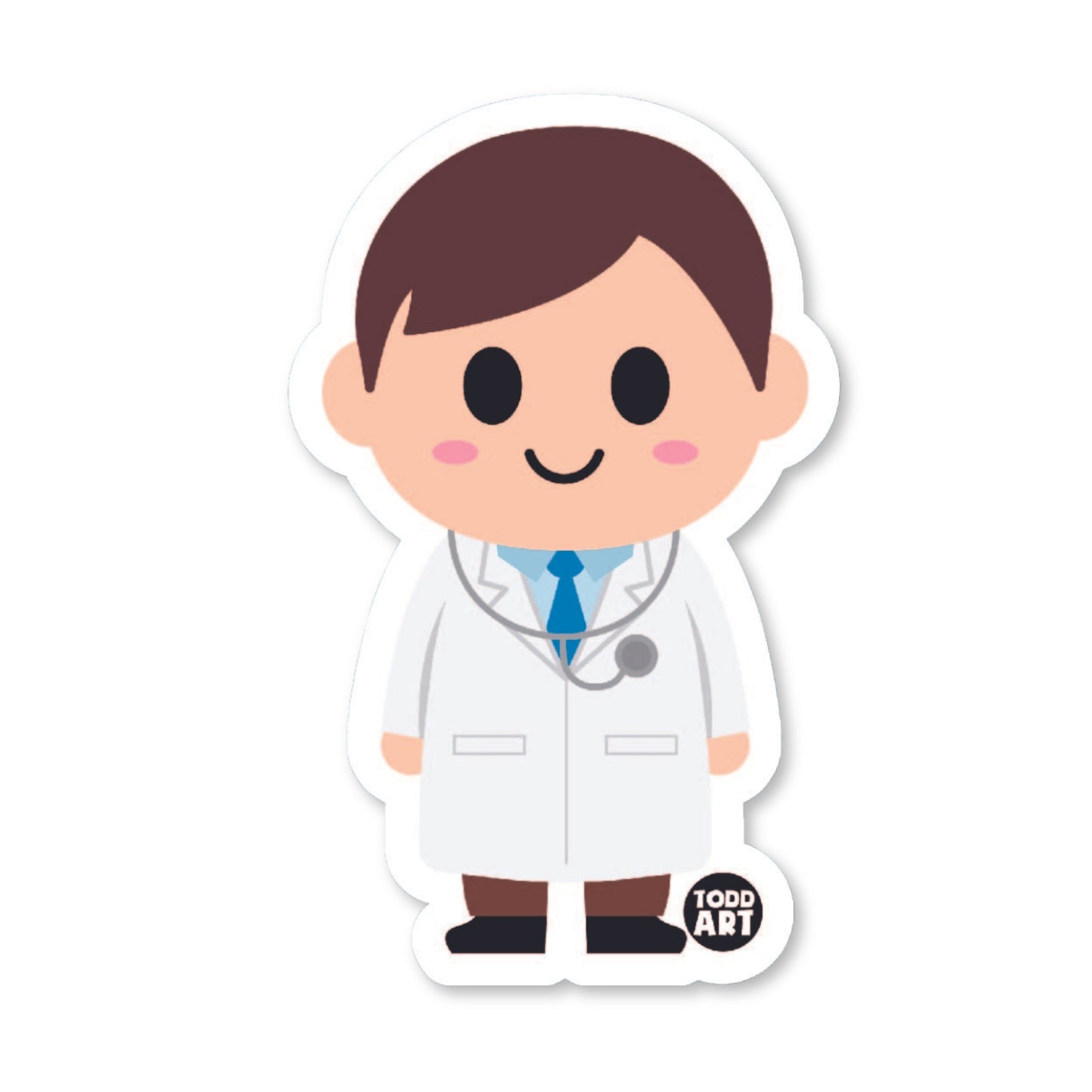 Smiling cartoon doctor sticker in white lab coat with stethoscope