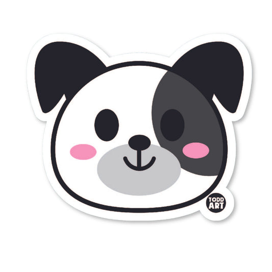 Cute cartoon dog face sticker with one black ear and a dark patch over one eye
