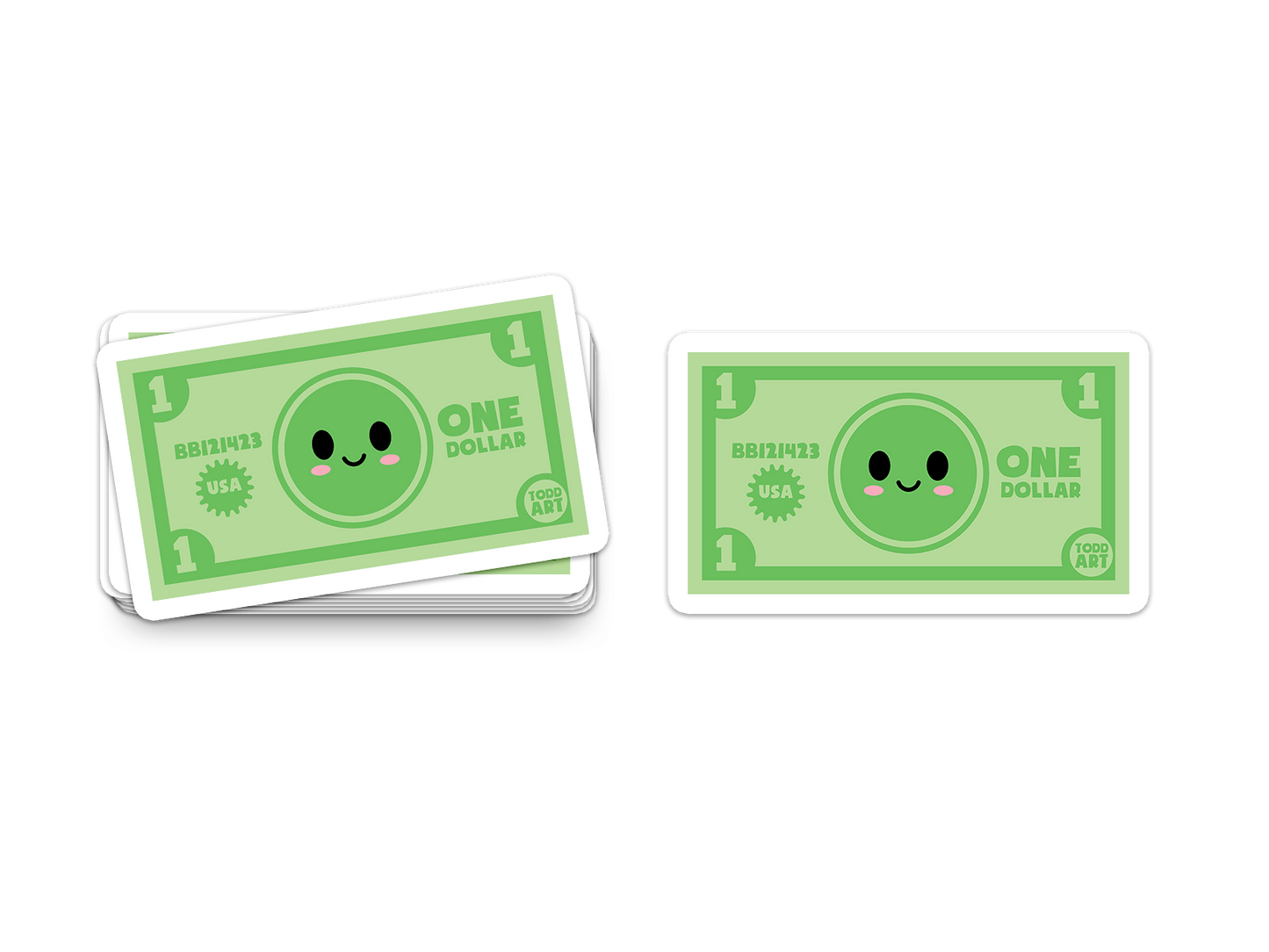 Funny smiling dollar bill sticker with green cartoon face
