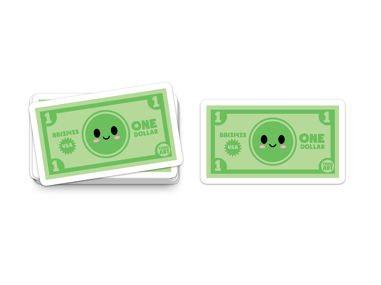 Funny smiling dollar bill sticker with green cartoon face
