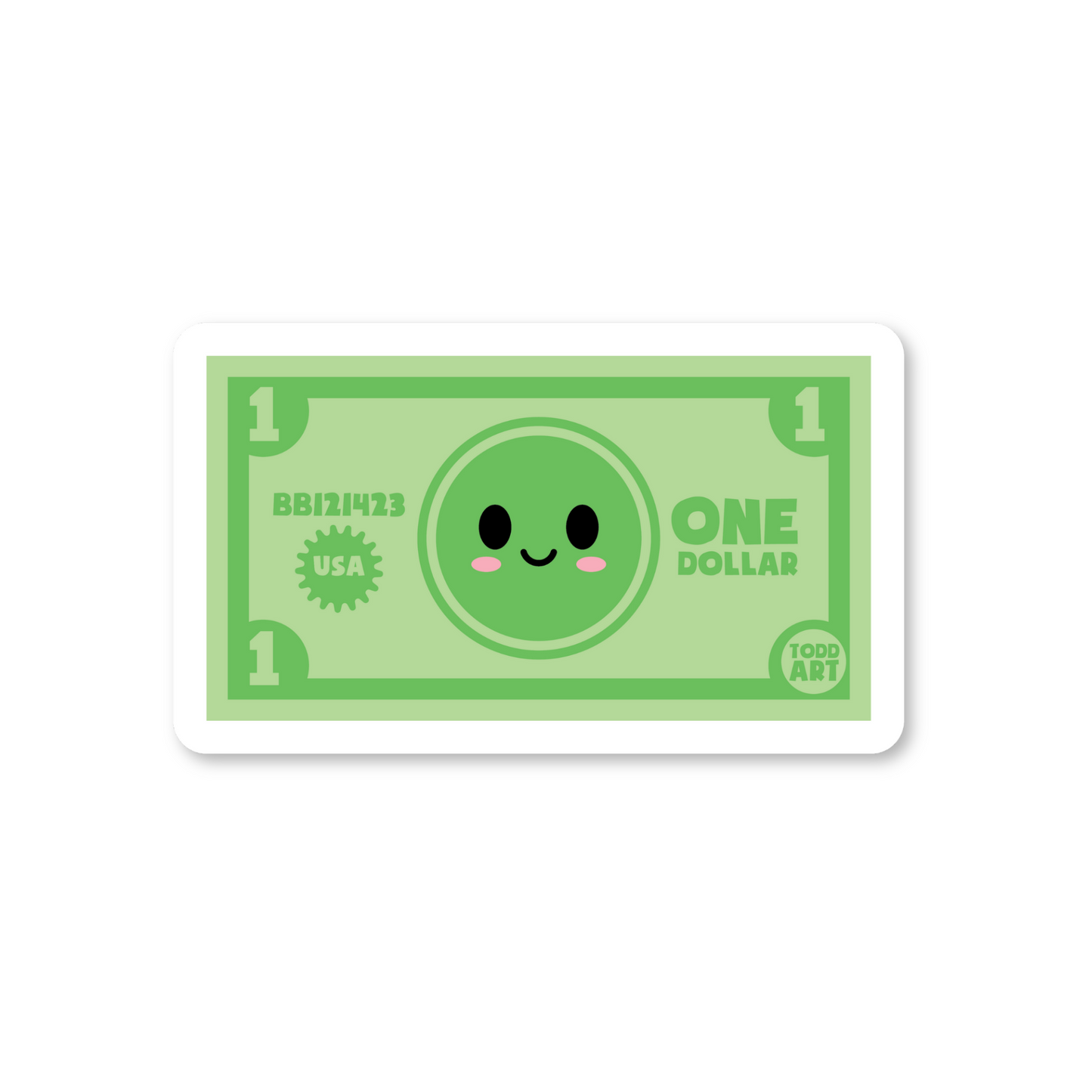 Funny smiling dollar bill sticker with green cartoon face
