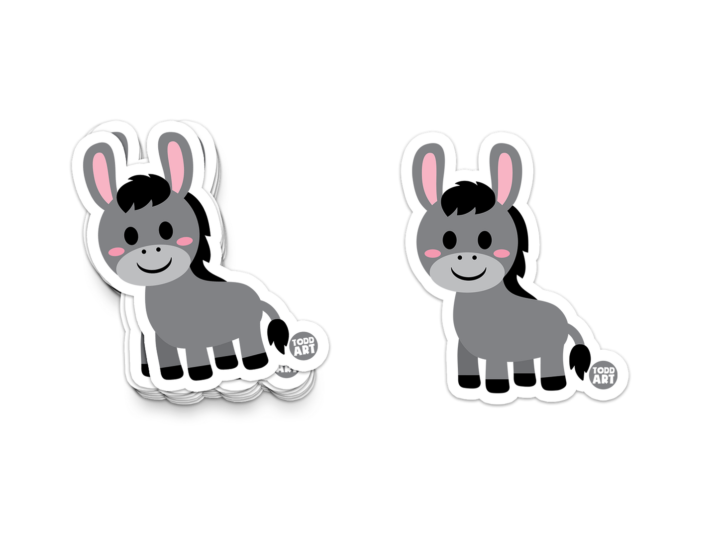 Cartoon donkey sticker with pink ears and cheerful smile
