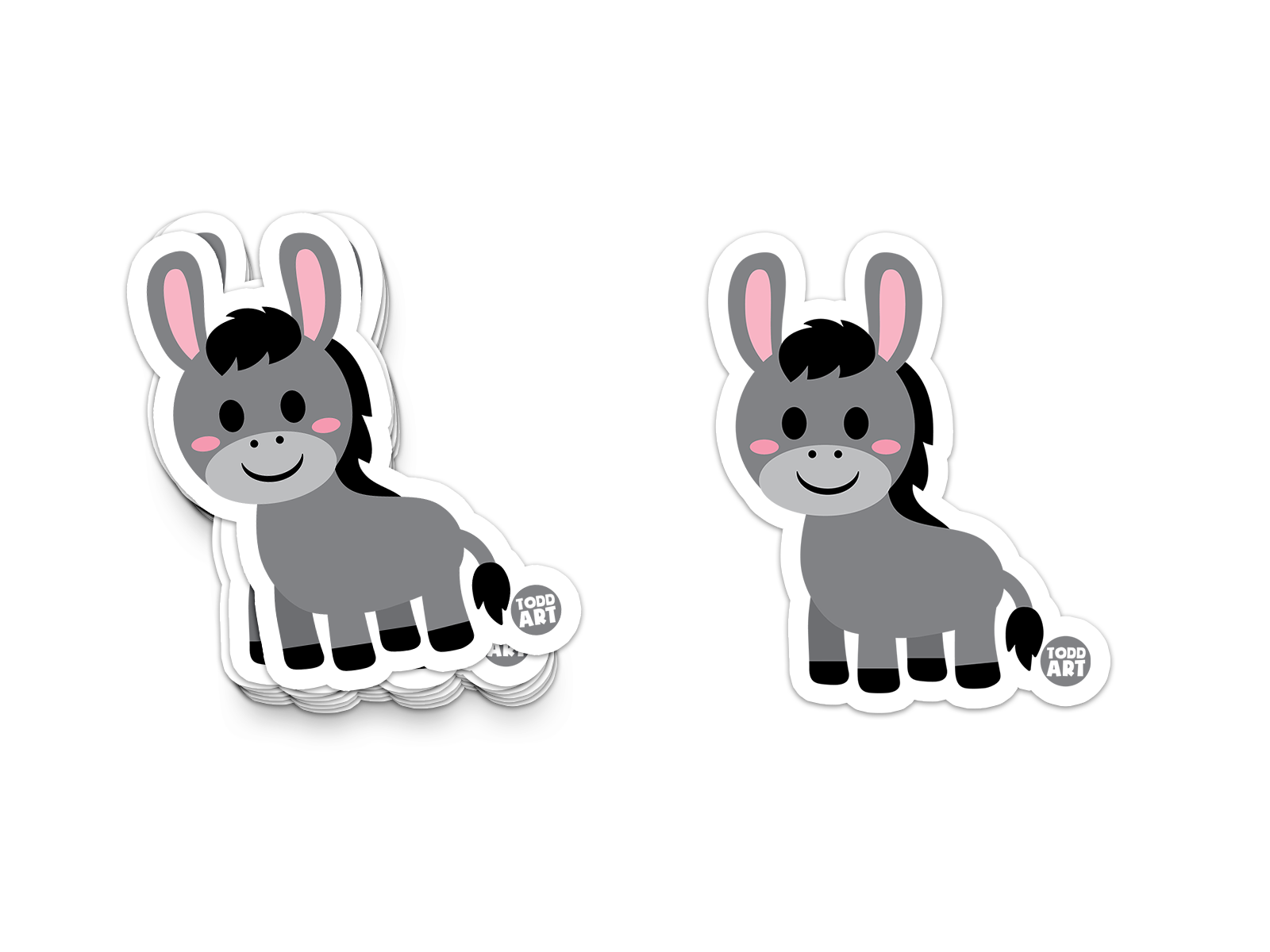 Cartoon donkey sticker with pink ears and cheerful smile
