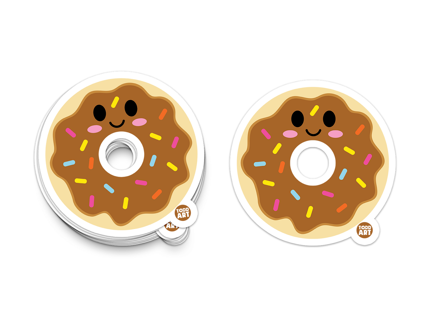 Smiling chocolate frosted donut sticker with colorful sprinkles
