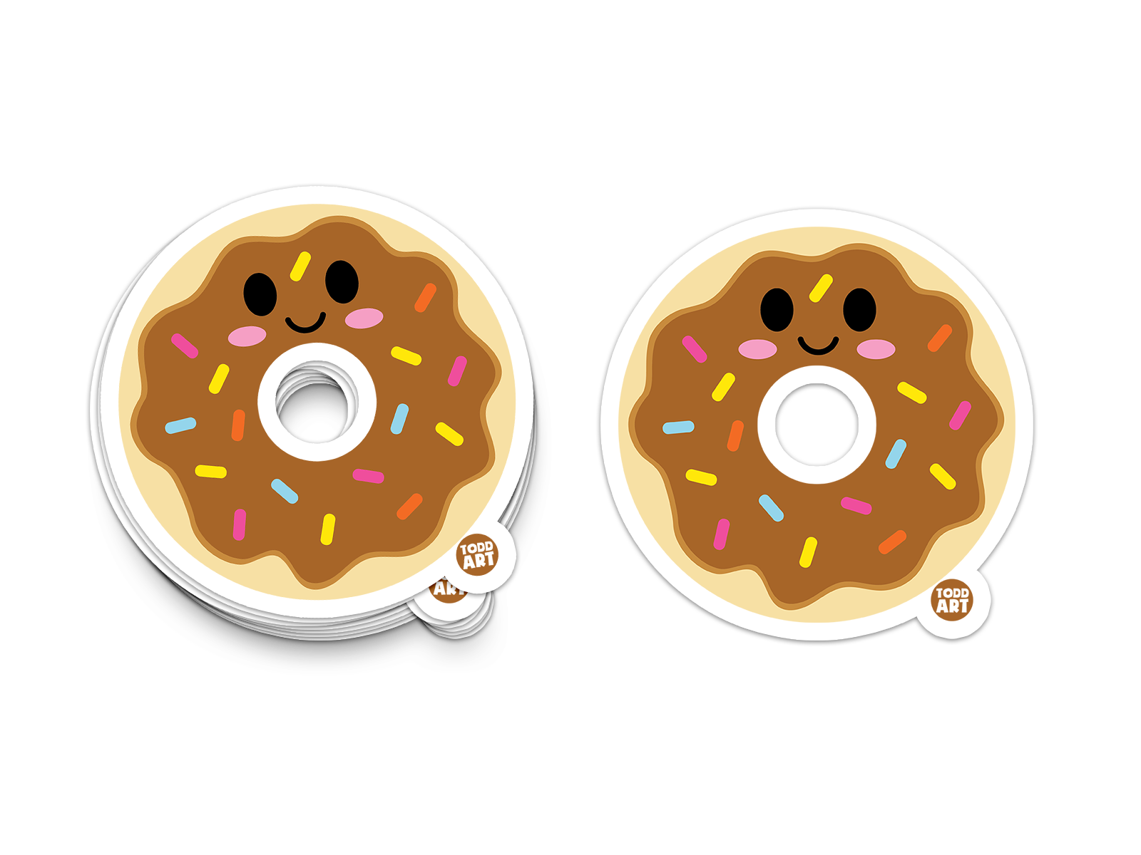 Smiling chocolate frosted donut sticker with colorful sprinkles
