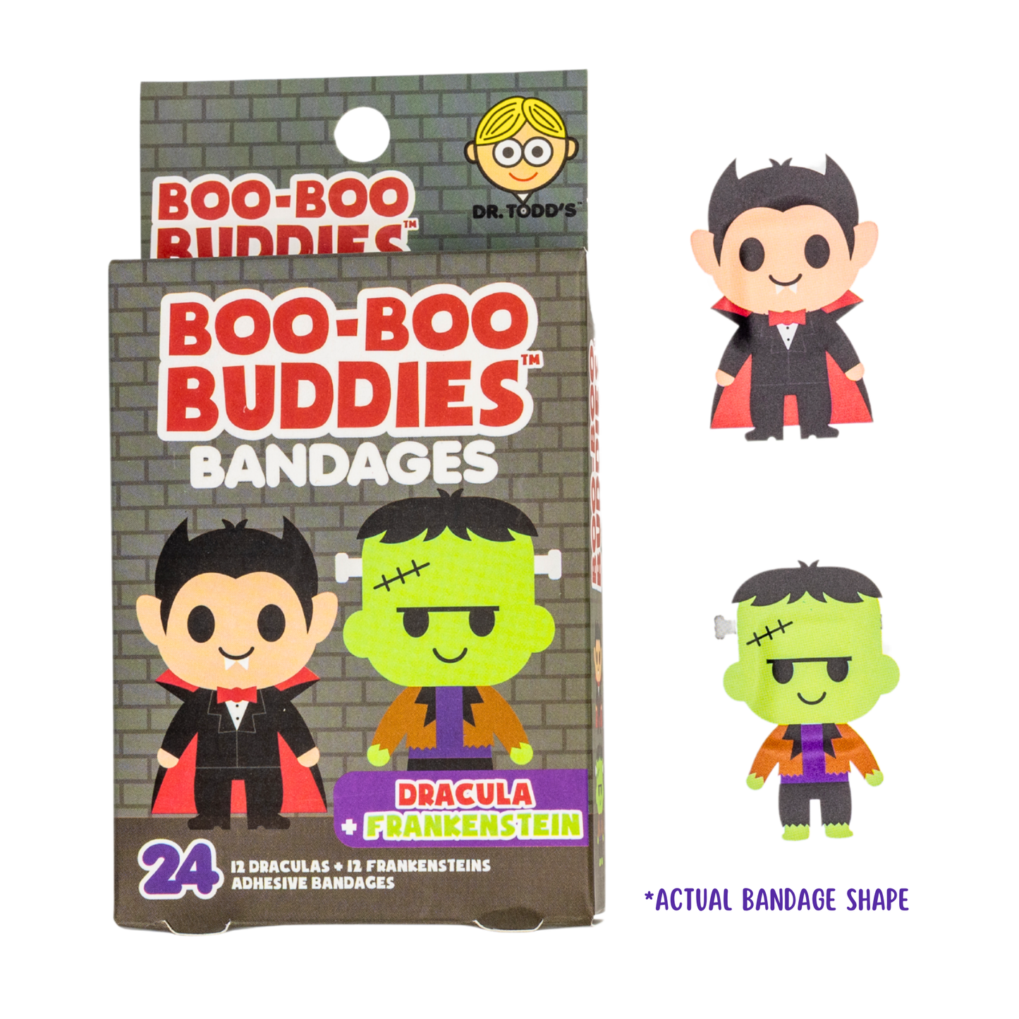 Dr. Todd’s Boo-Boo Buddies® Dracula and Frankenstein Bandages – 24-count Halloween monster-themed bandages for kids