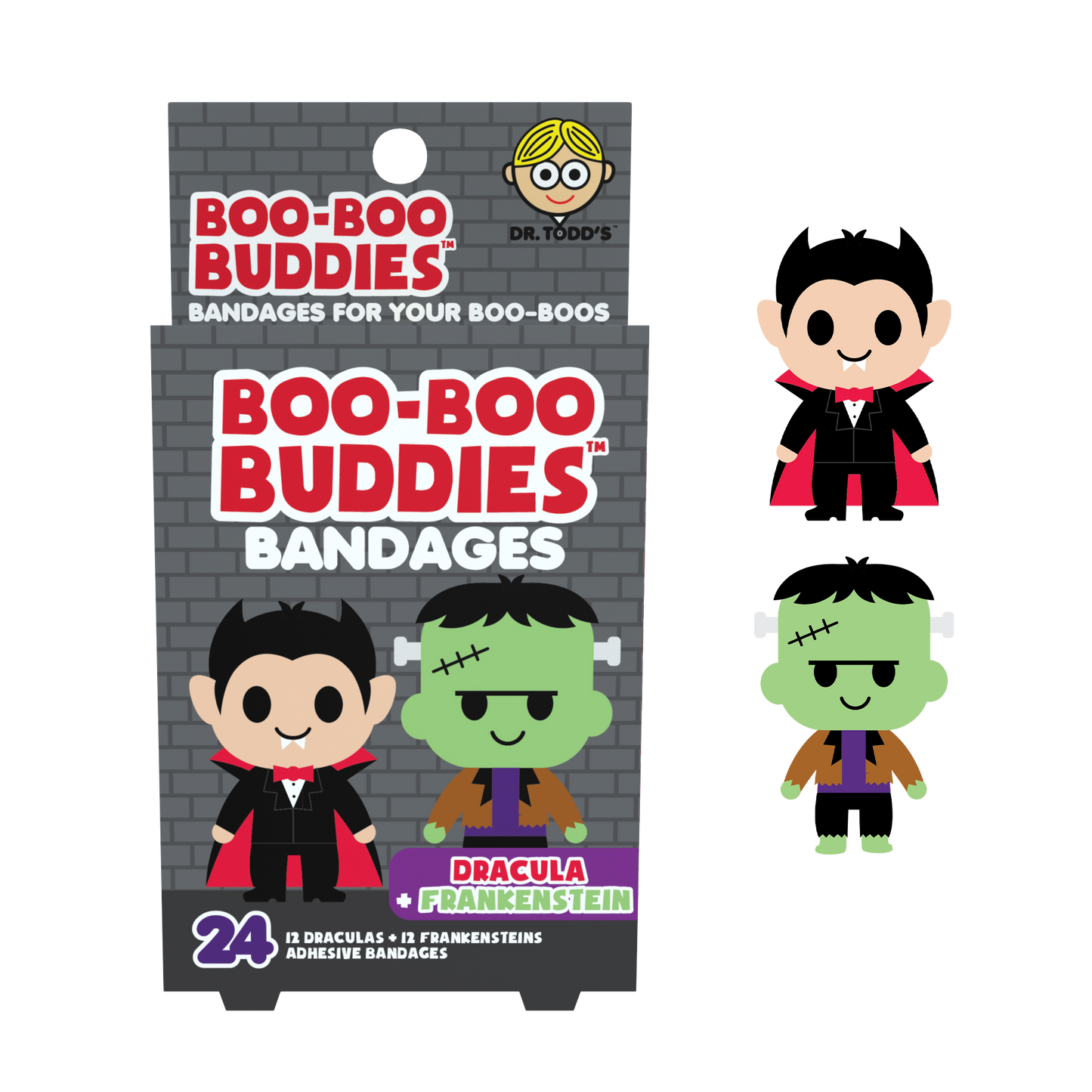 Dracula & Frankenstein Bandages for Kids – Waterproof, Latex-Free, 24 Count | Dr. Todd’s Boo-Boo Buddies®