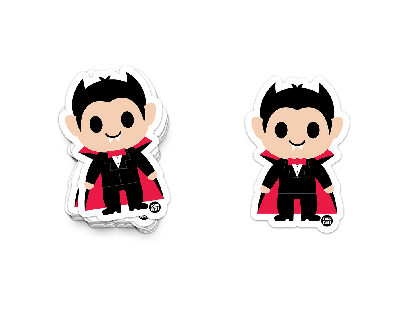 Funny vampire Dracula sticker with red cape and fangs
