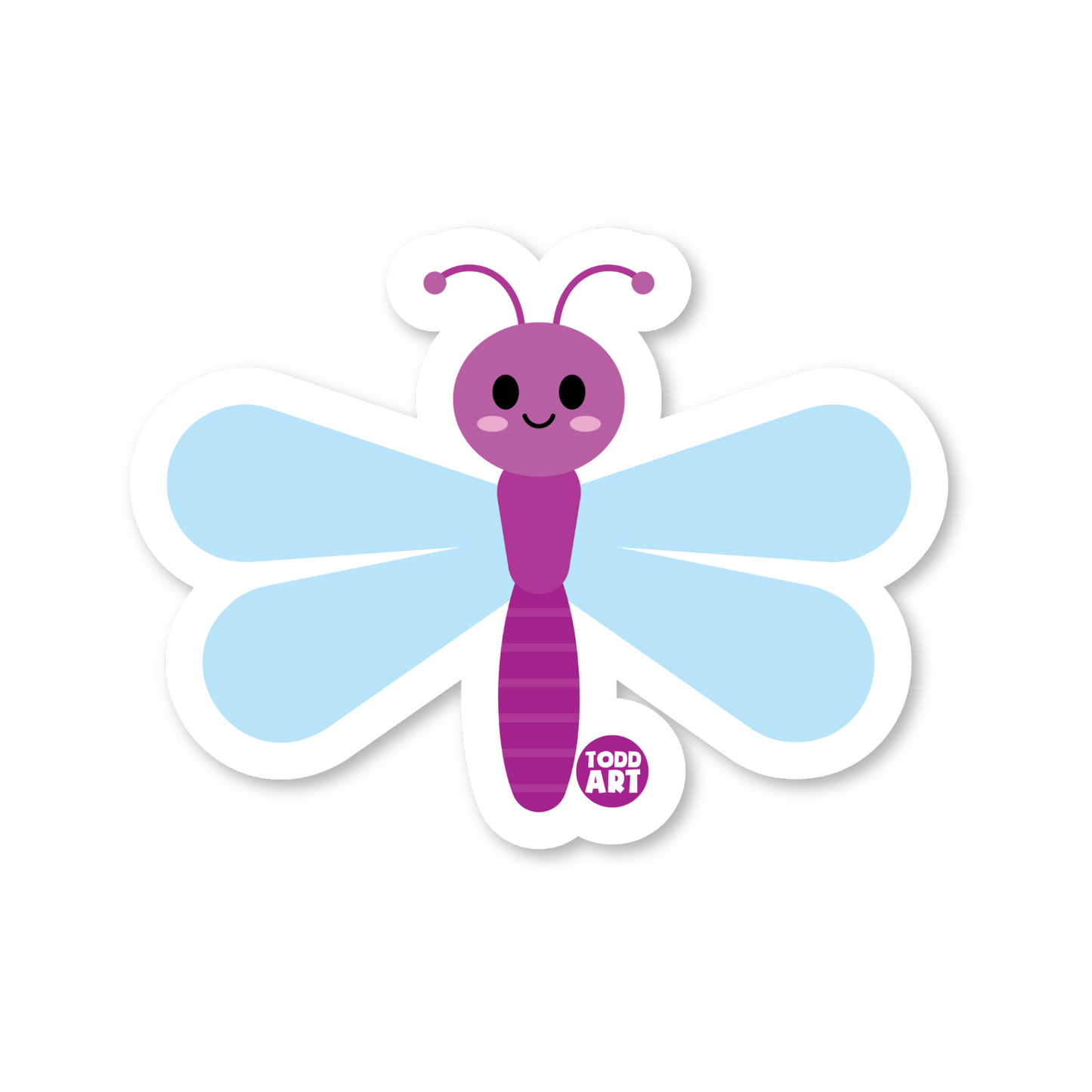 Purple and blue dragonfly sticker with smiling face and wide wings
