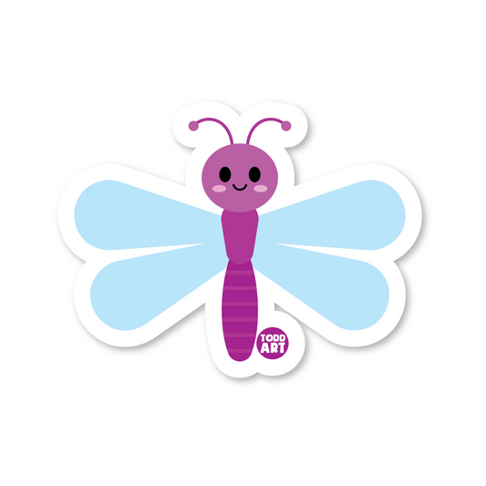 Purple and blue dragonfly sticker with smiling face and wide wings
