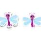 Purple and blue dragonfly sticker with smiling face and wide wings
