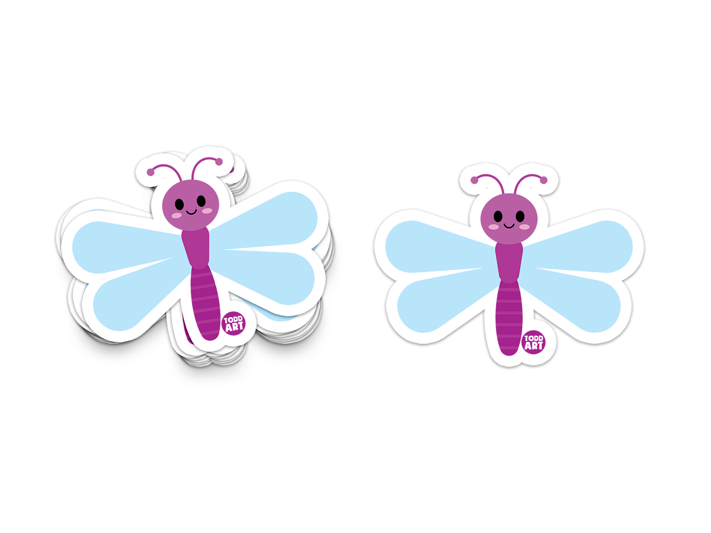 Purple and blue dragonfly sticker with smiling face and wide wings
