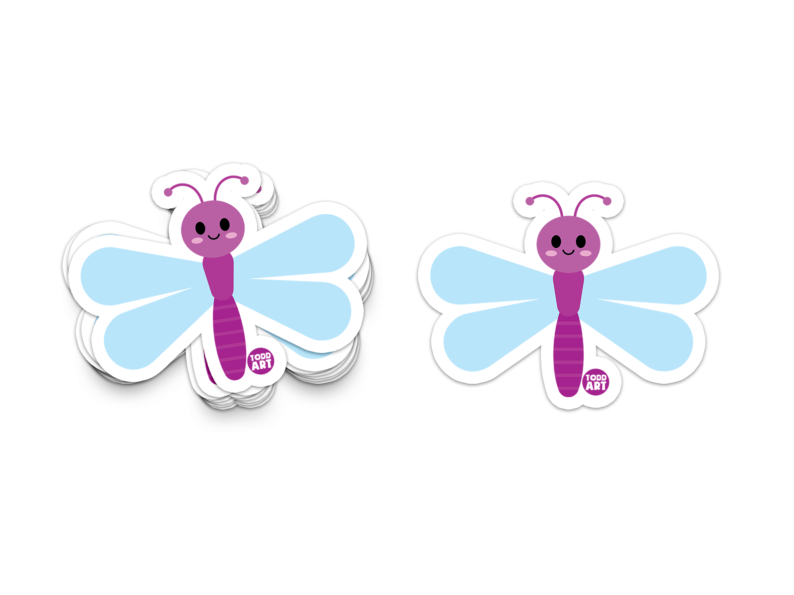 Purple and blue dragonfly sticker with smiling face and wide wings
