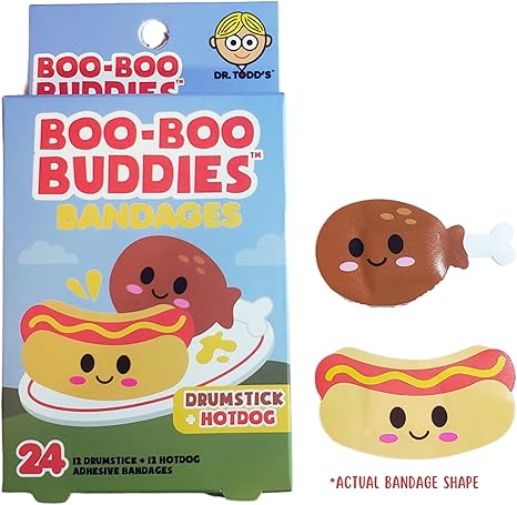 2-Pack Boo Boo Buddies™ Drumstick + Hot Dog and Pretzel + Mustard Bandages | 48 Ct  | Food-Themed Adhesive Bandages for Kids | Waterproof, Latex-Free, Sensitive Skin Safe | Fun First Aid for Cuts & Scrap