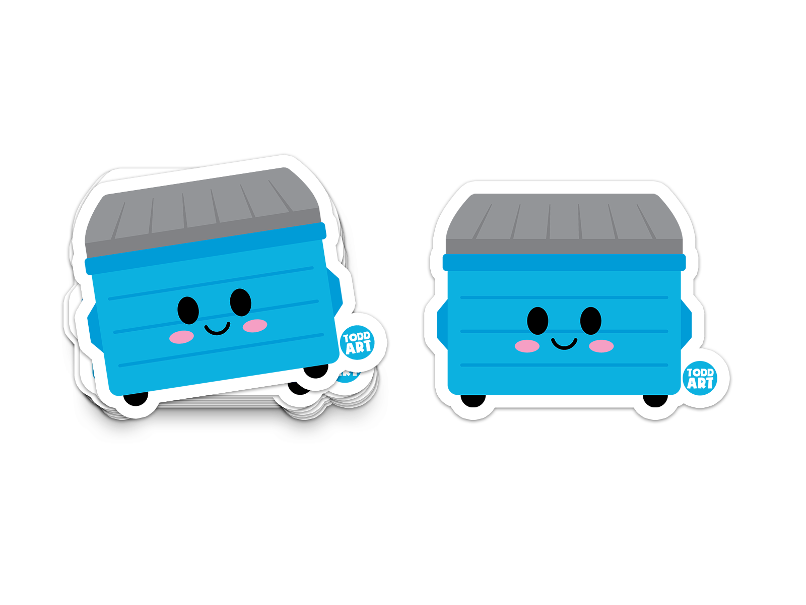 Funny blue dumpster sticker with smiling cartoon face – collectible waterproof vinyl sticker from Boo Boo Buddies

