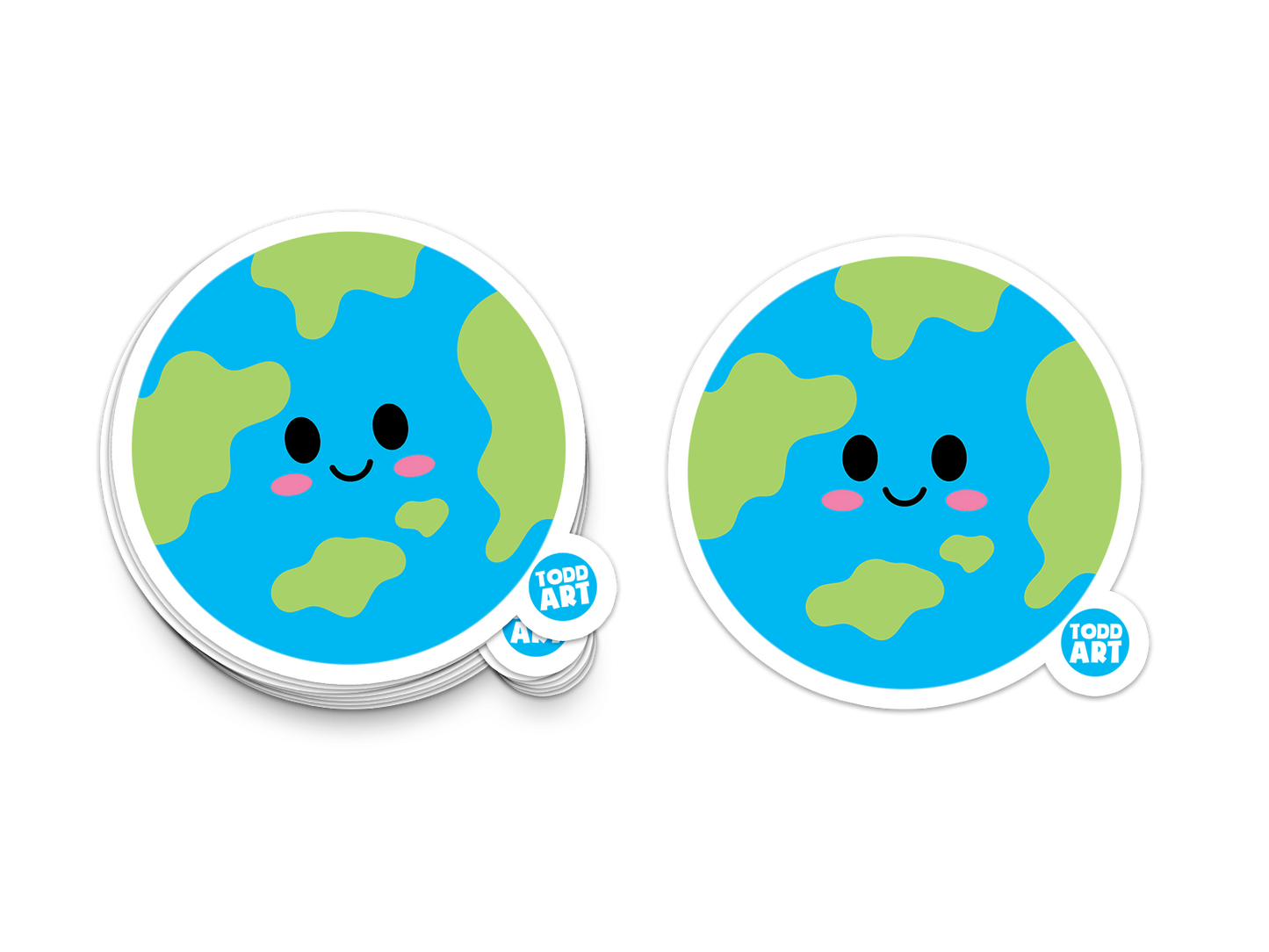 Cute smiling Earth sticker with continents and rosy cheeks
