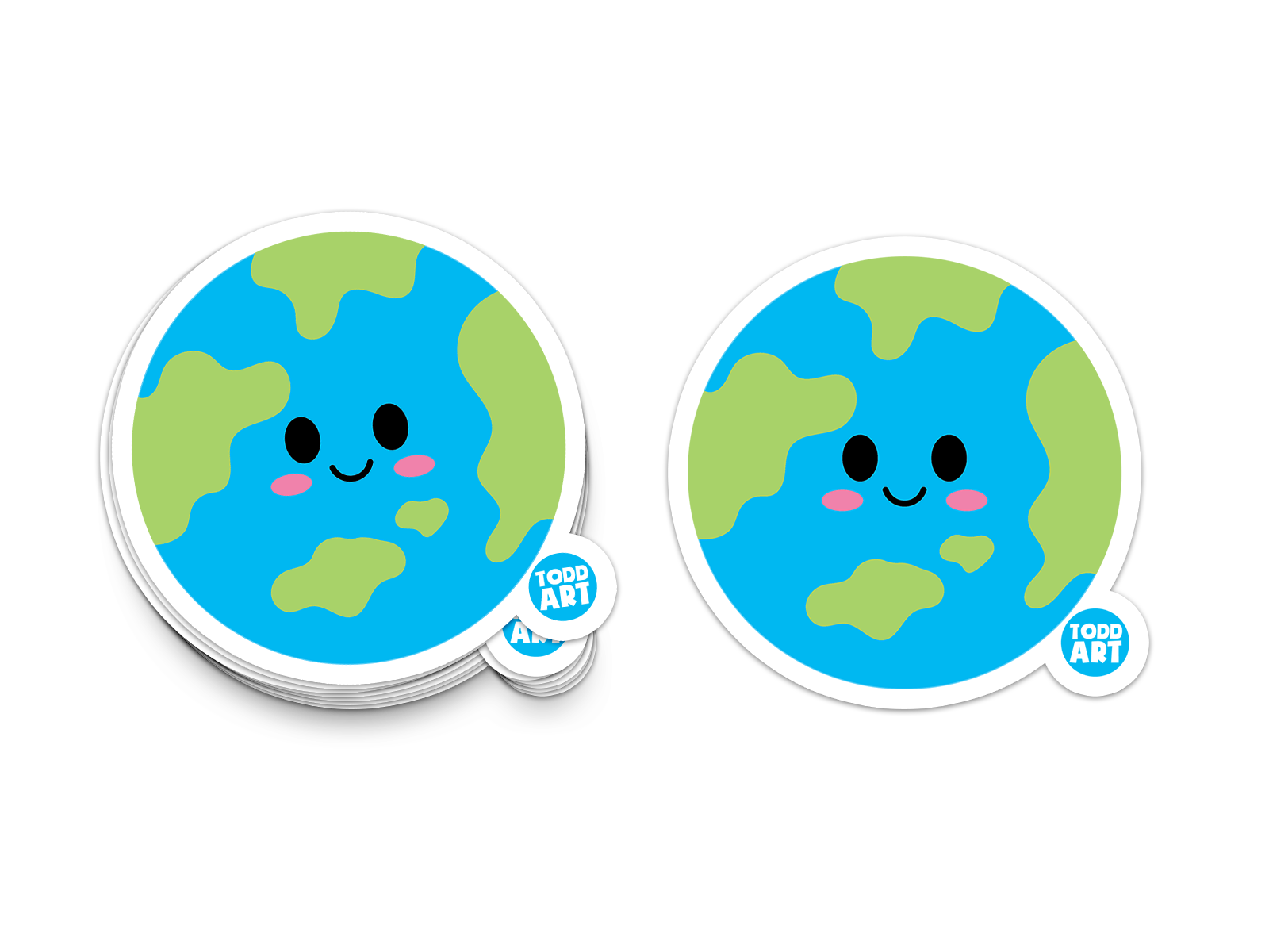 Cute smiling Earth sticker with continents and rosy cheeks
