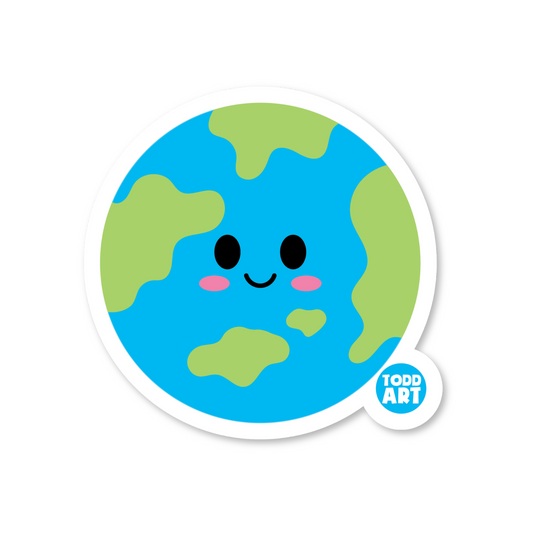 Cute smiling Earth sticker with continents and rosy cheeks
