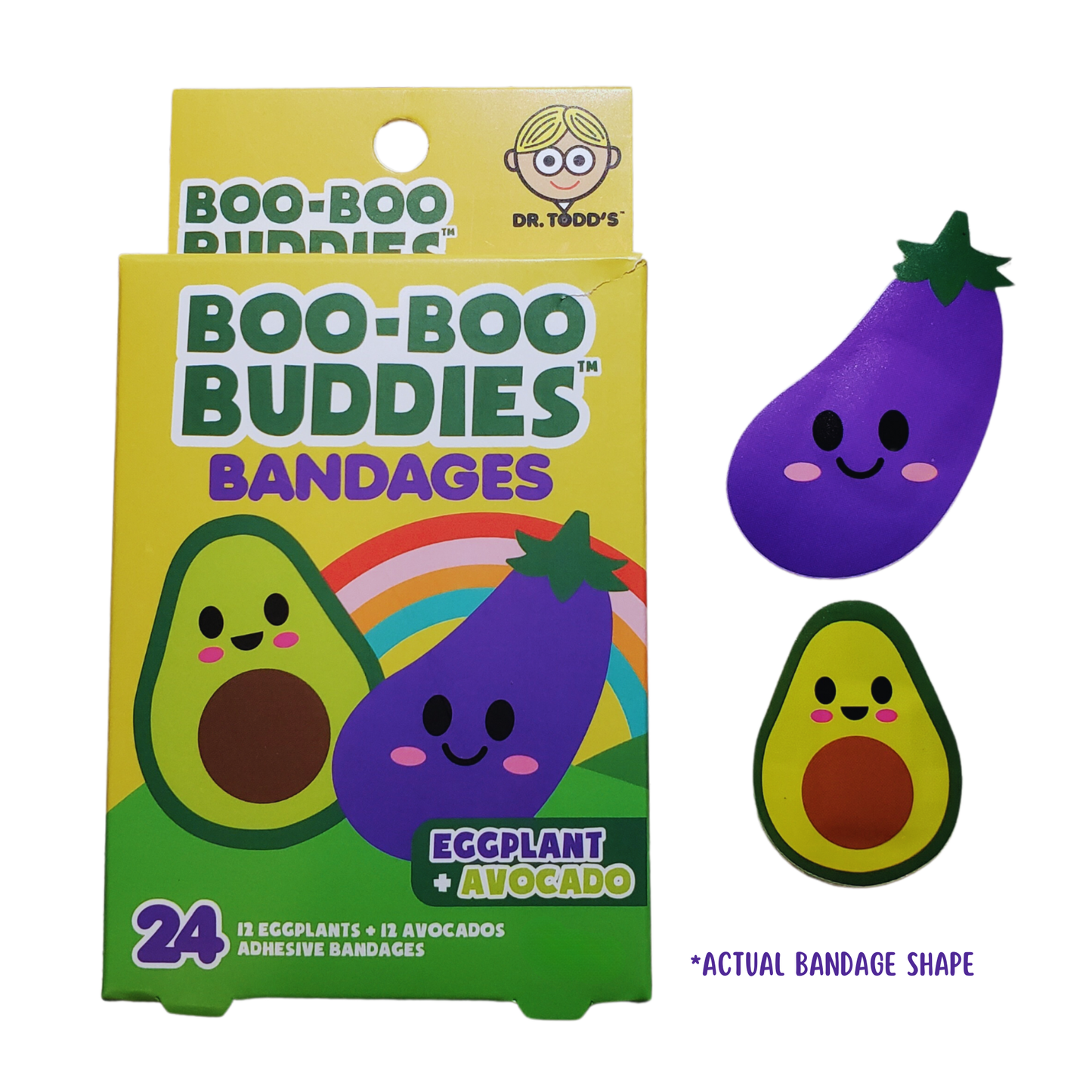 Eggplant & Avocado Bandages for Kids – Waterproof, Latex-Free, 24 Count | Dr. Todd’s Boo-Boo Buddies®