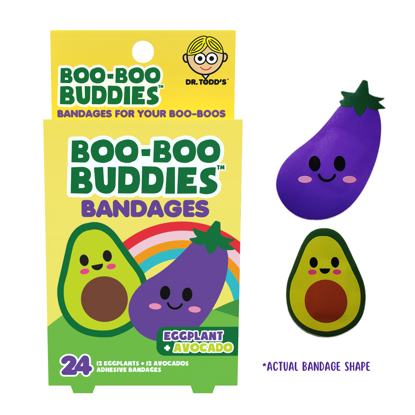 Eggplant & Avocado Bandages for Kids – Waterproof, Latex-Free, 24 Count
