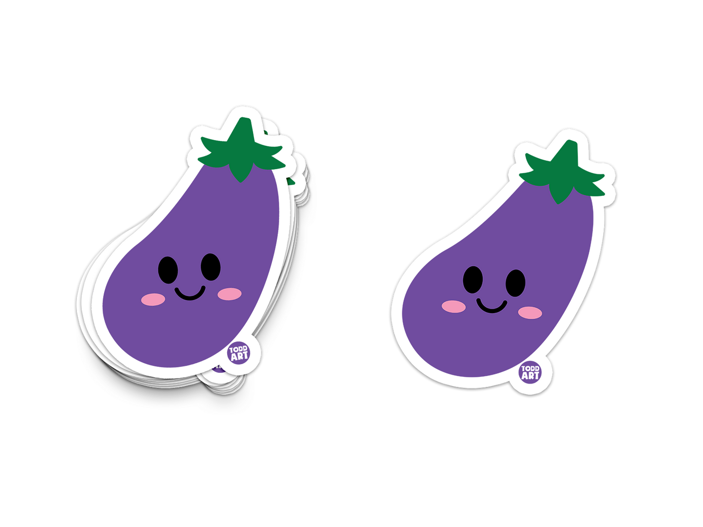 Smiling purple eggplant sticker with green leafy top and blush cheeks

