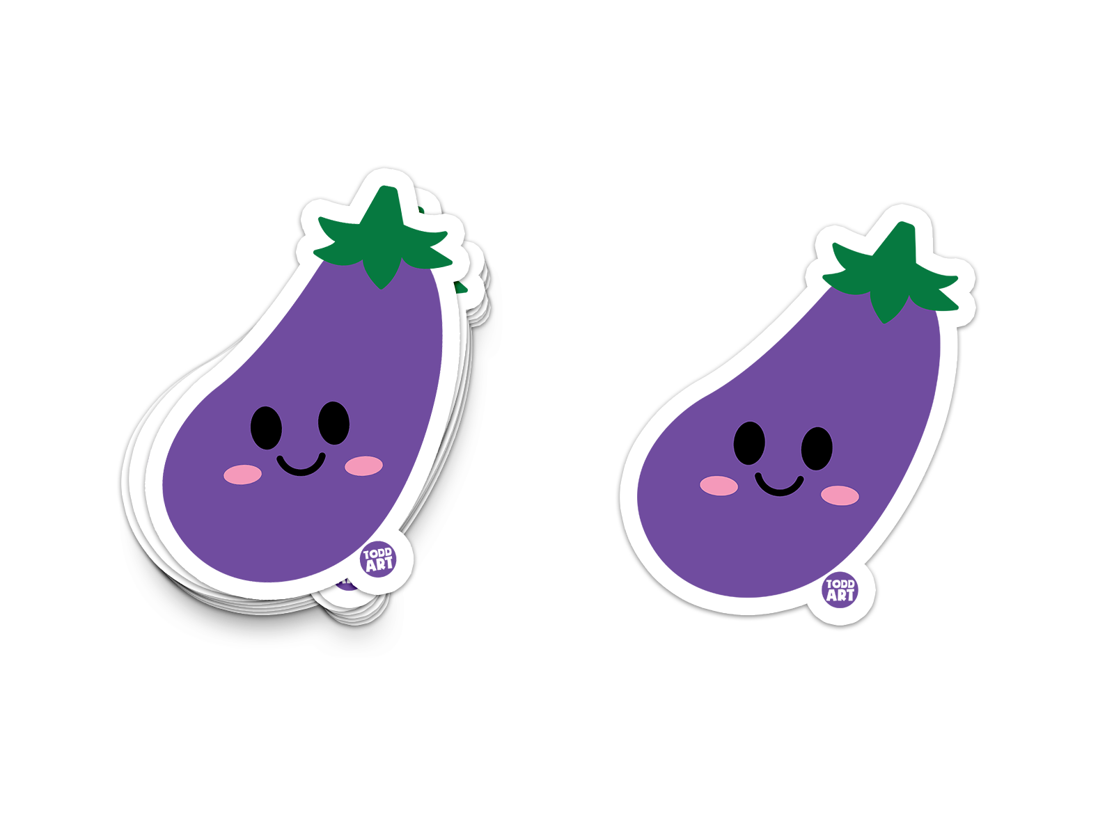 Smiling purple eggplant sticker with green leafy top and blush cheeks

