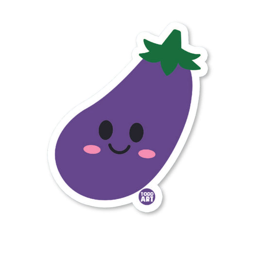Smiling purple eggplant sticker with green leafy top and blush cheeks
