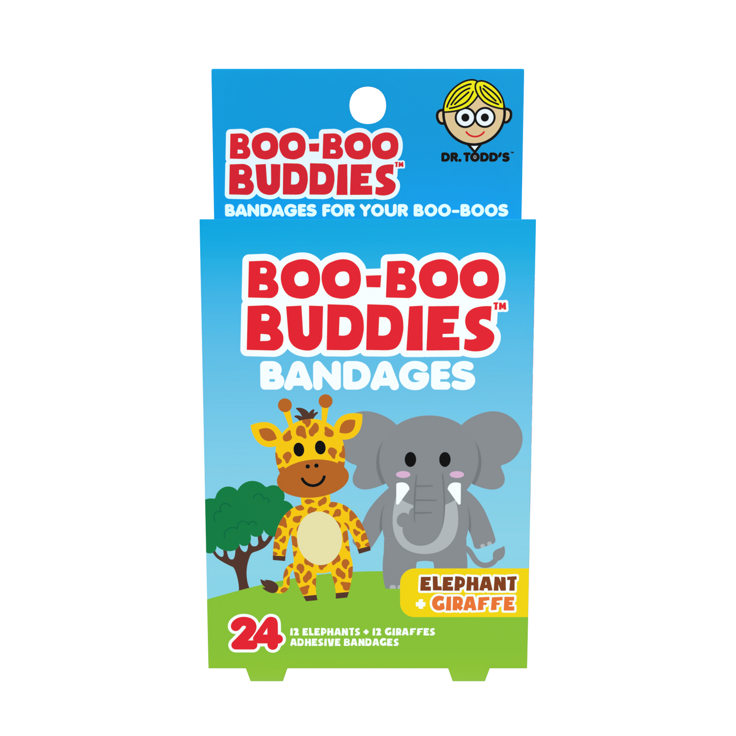 Elephant & Giraffe Bandages for Kids – Waterproof, Latex-Free, 24 Count | Dr. Todd’s Boo-Boo Buddies®