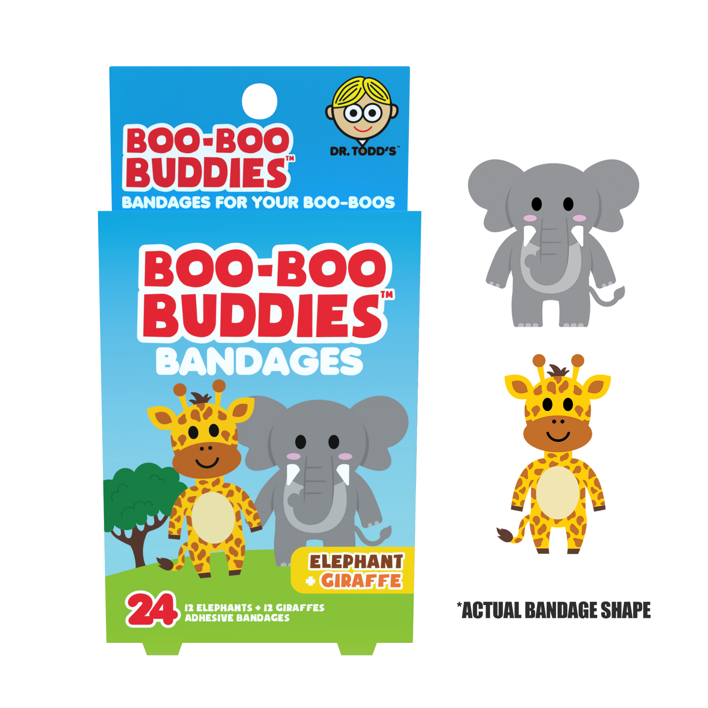 Elephant & Giraffe Bandages for Kids – Waterproof, Latex-Free, 24 Count | Dr. Todd’s Boo-Boo Buddies®