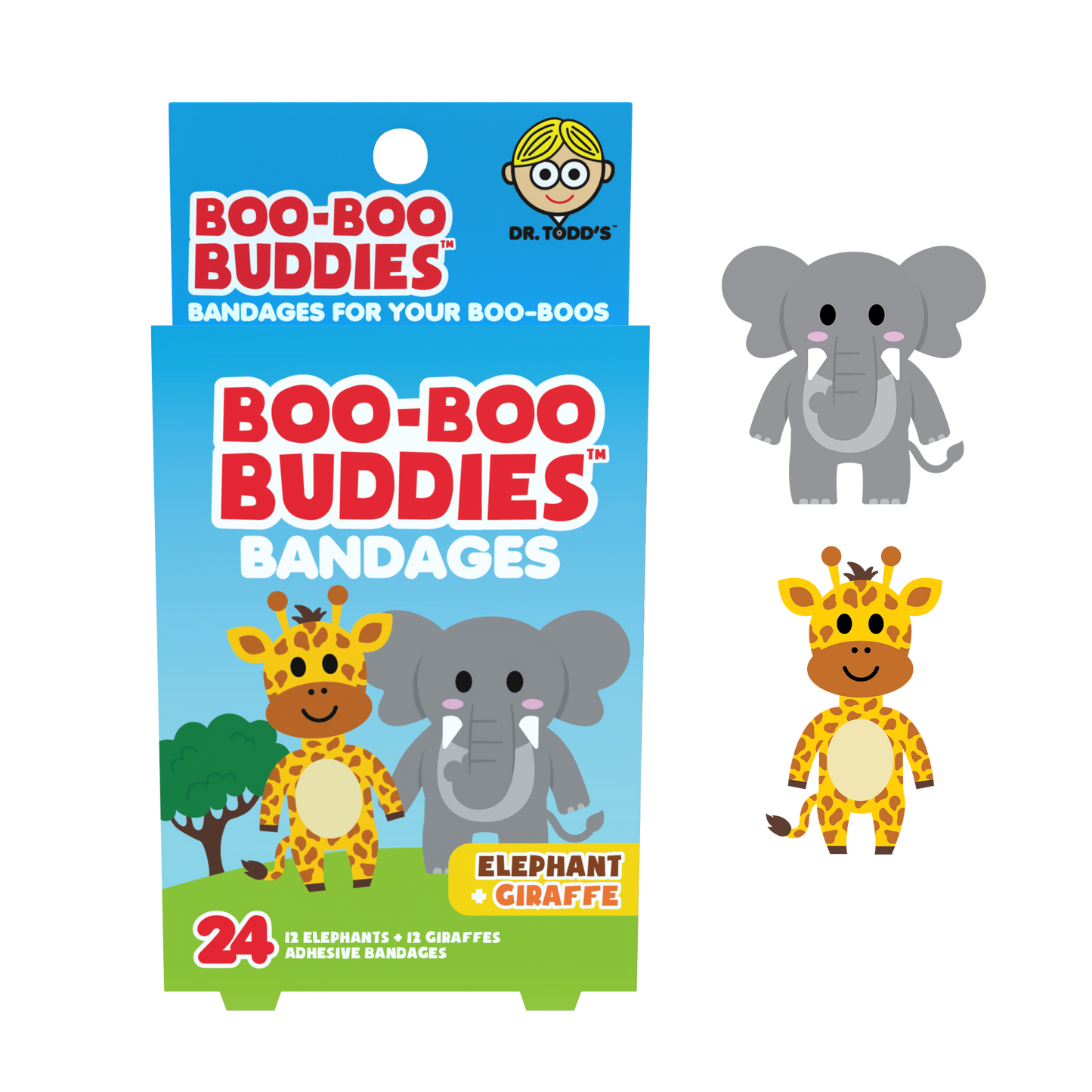 Elephant & Giraffe Bandages for Kids – Waterproof, Latex-Free, 24 Count | Dr. Todd’s Boo-Boo Buddies®