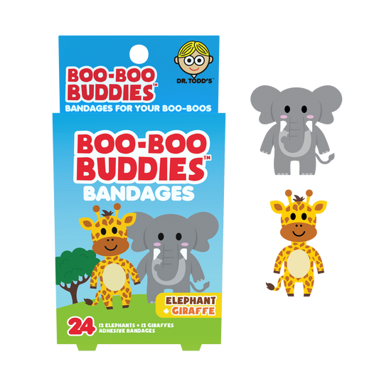 Elephant & Giraffe Bandages for Kids – Waterproof, Latex-Free, 24 Count | Dr. Todd’s Boo-Boo Buddies®