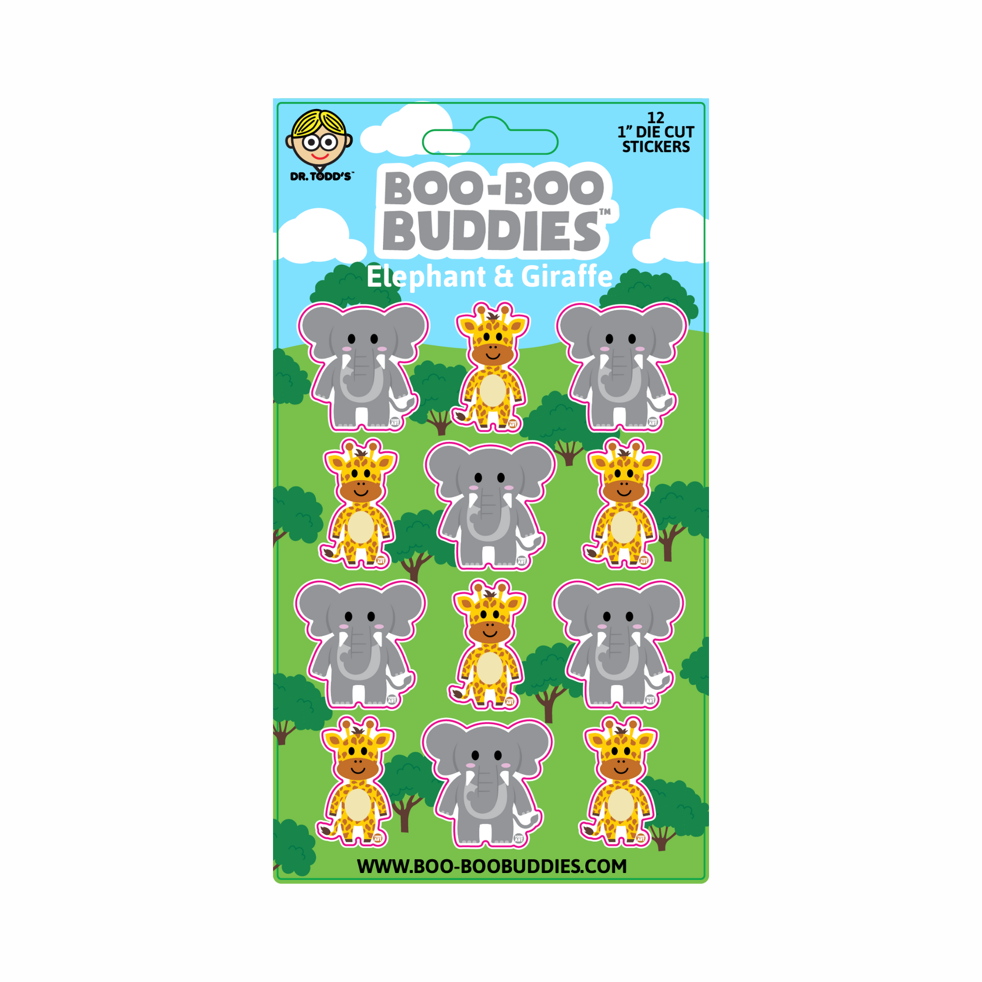 Adorable 1-inch vinyl stickers with a cheerful elephant and giraffe—perfect for safari-themed crafts, bottles, and party favors.