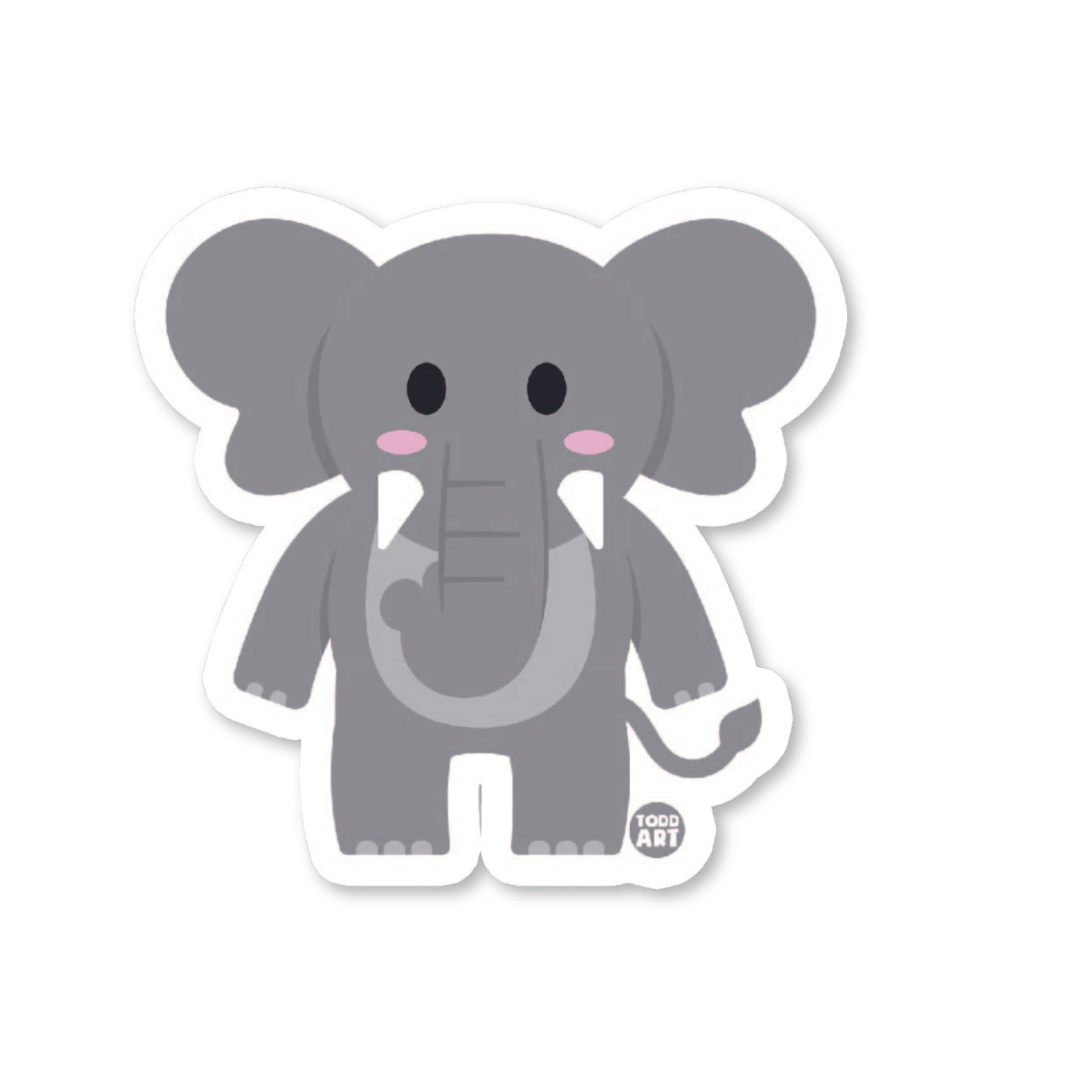 Cartoon elephant sticker with tusks, big ears, and a sweet smile
