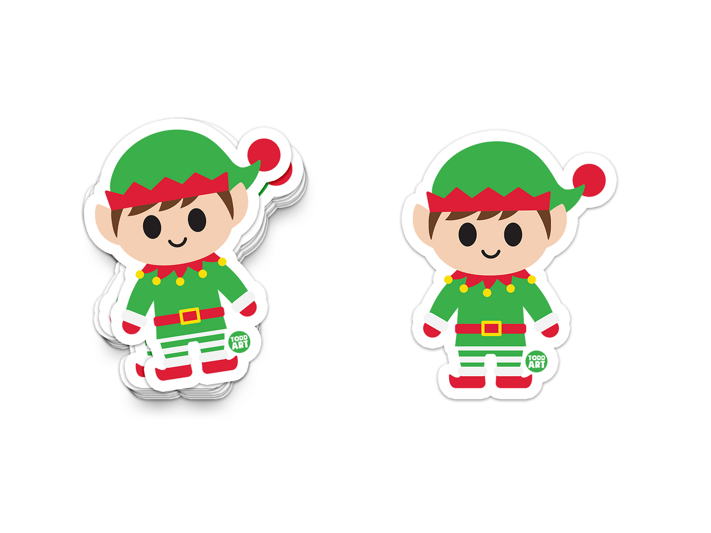 Festive Christmas elf sticker in red and green with striped pants
