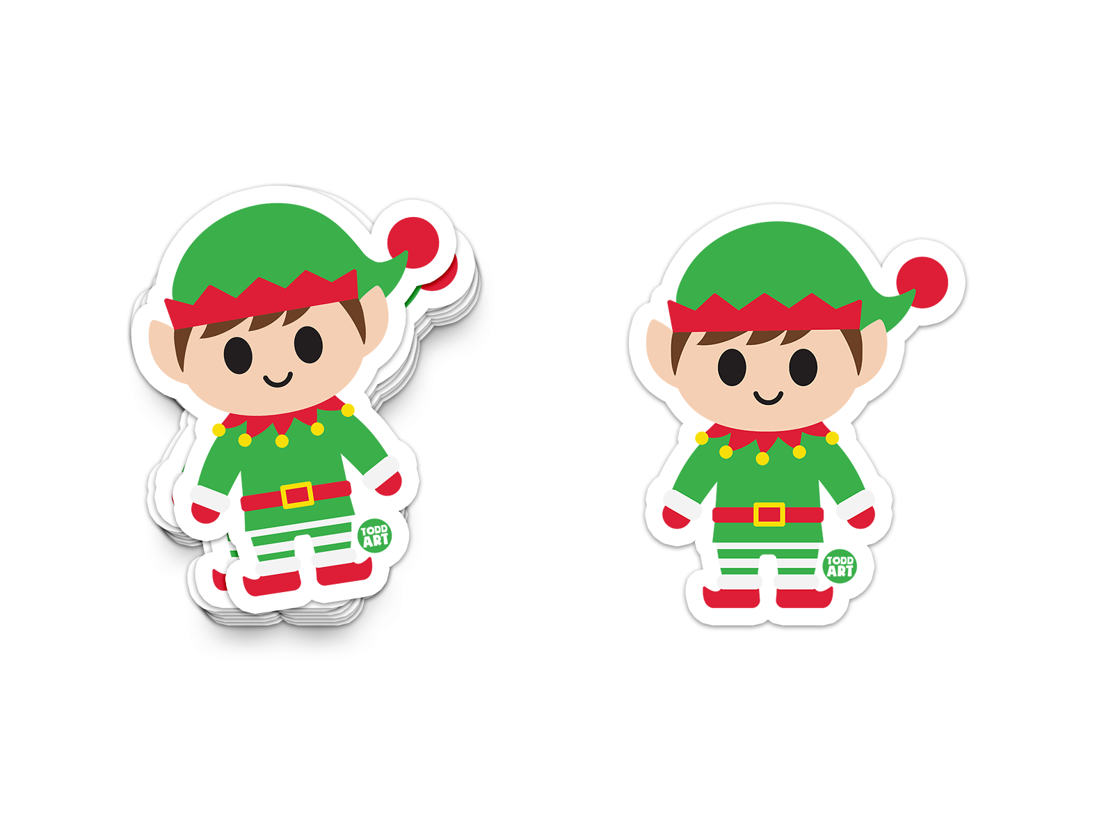 Festive Christmas elf sticker in red and green with striped pants
