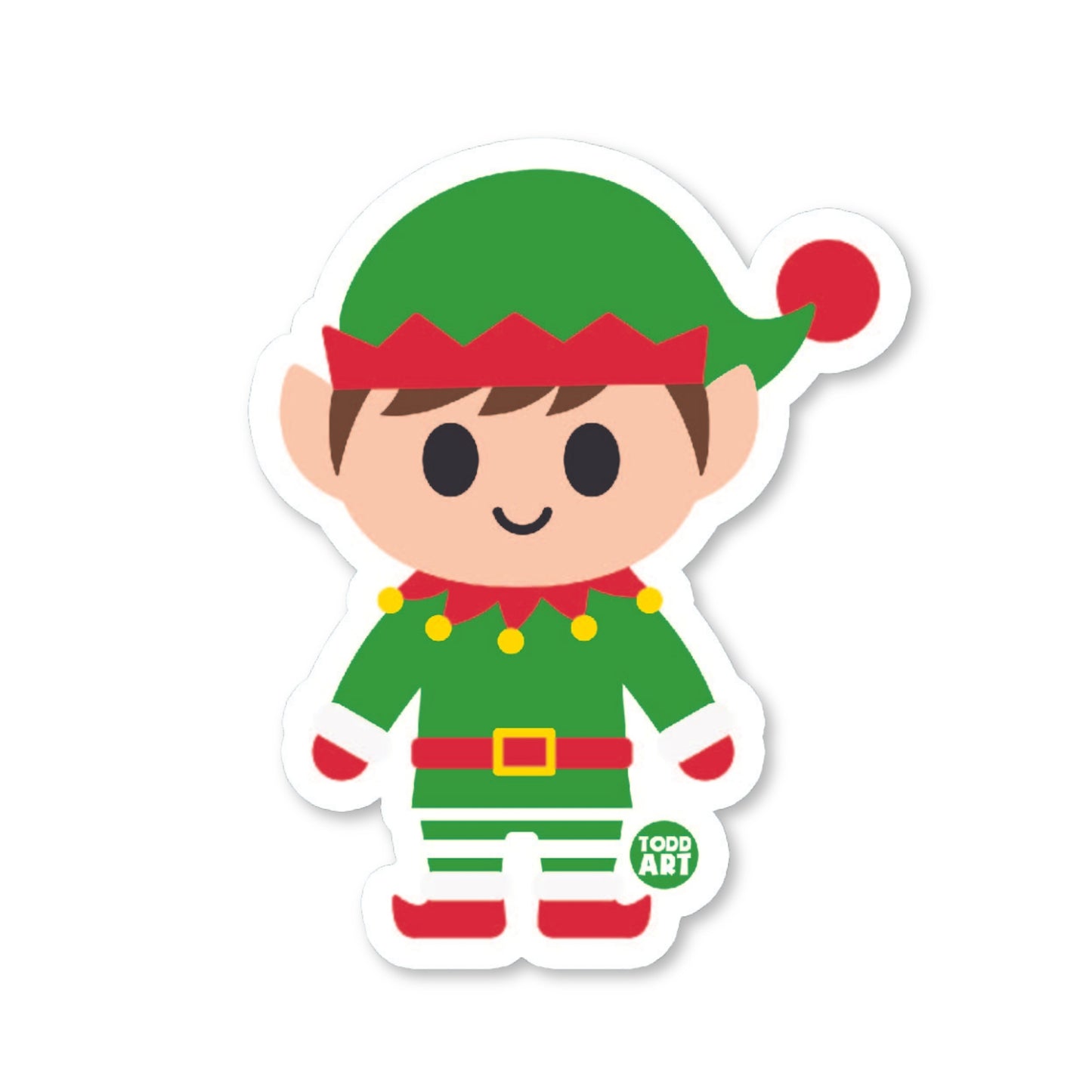 Festive Christmas elf sticker in red and green with striped pants
