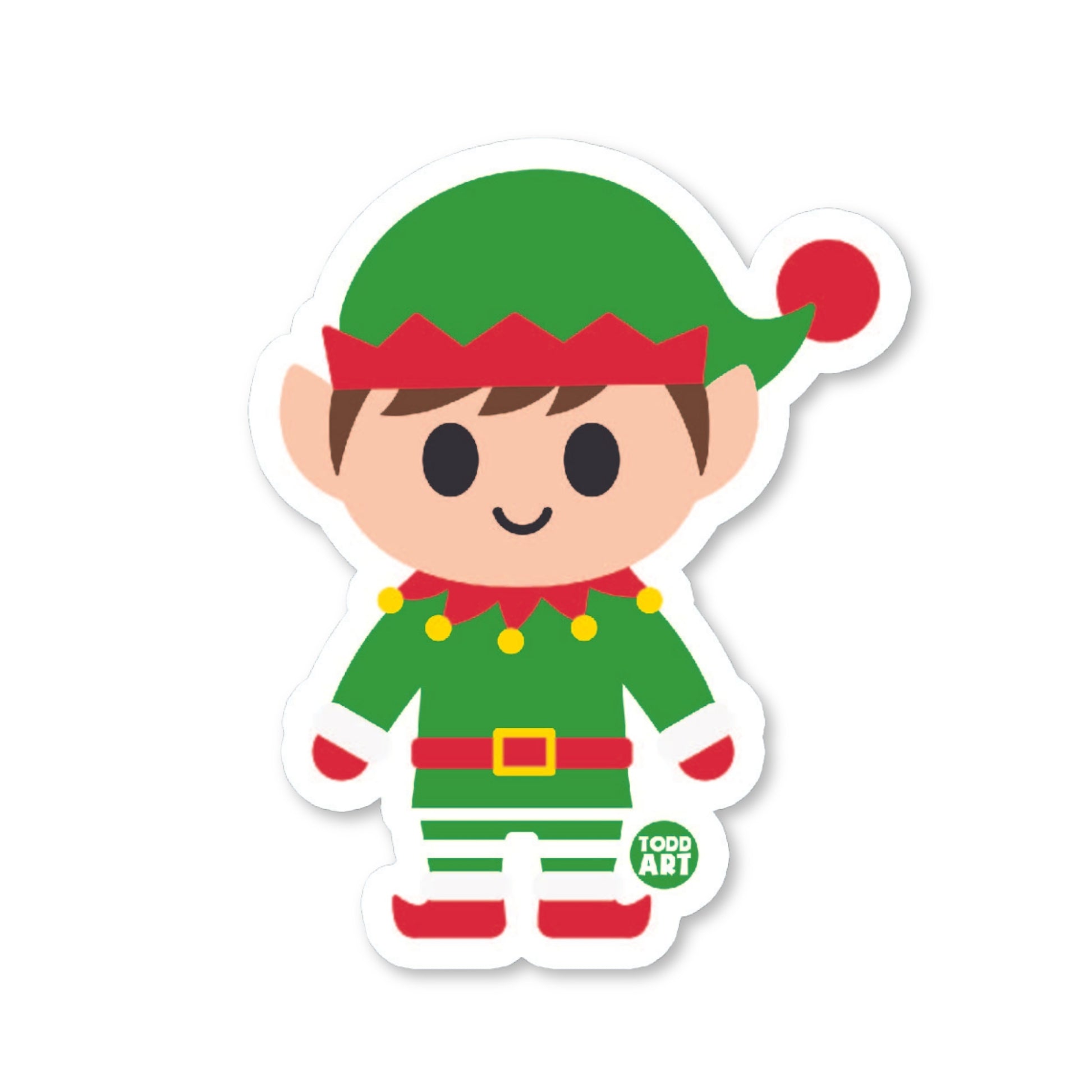 Festive Christmas elf sticker in red and green with striped pants
