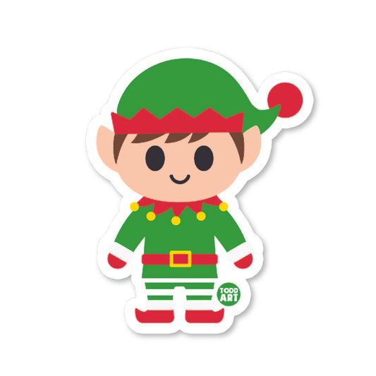 Festive Christmas elf sticker in red and green with striped pants
