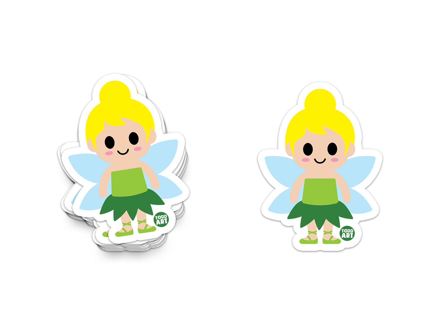 Whimsical fairy sticker with blue wings, green dress, and blonde hair
