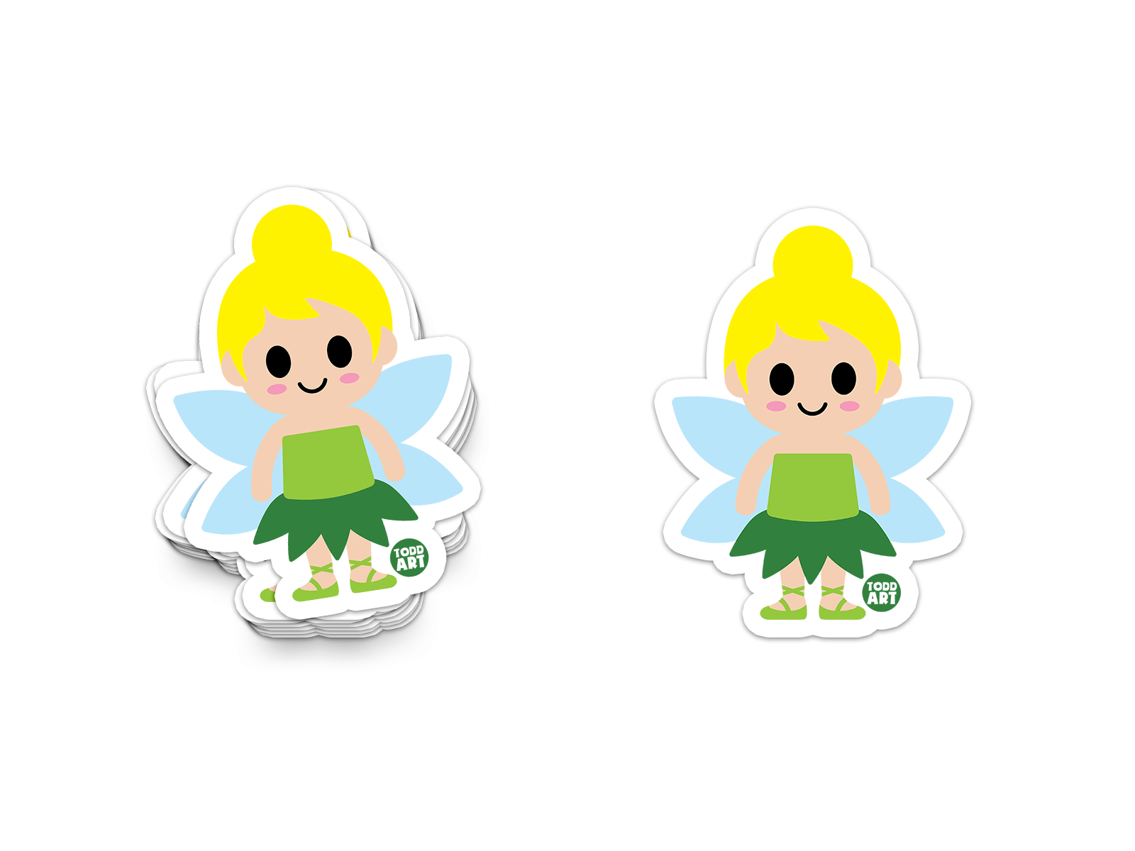Whimsical fairy sticker with blue wings, green dress, and blonde hair

