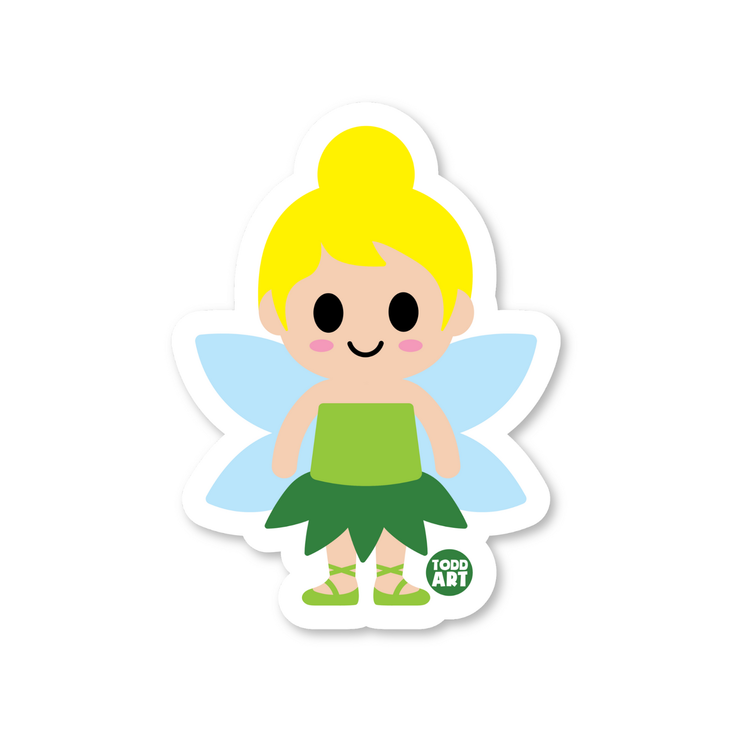 Whimsical fairy sticker with blue wings, green dress, and blonde hair
