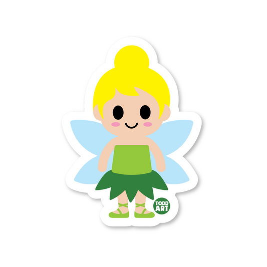 Whimsical fairy sticker with blue wings, green dress, and blonde hair
