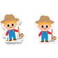 Smiling farmer sticker with overalls, hat, and pitchfork
