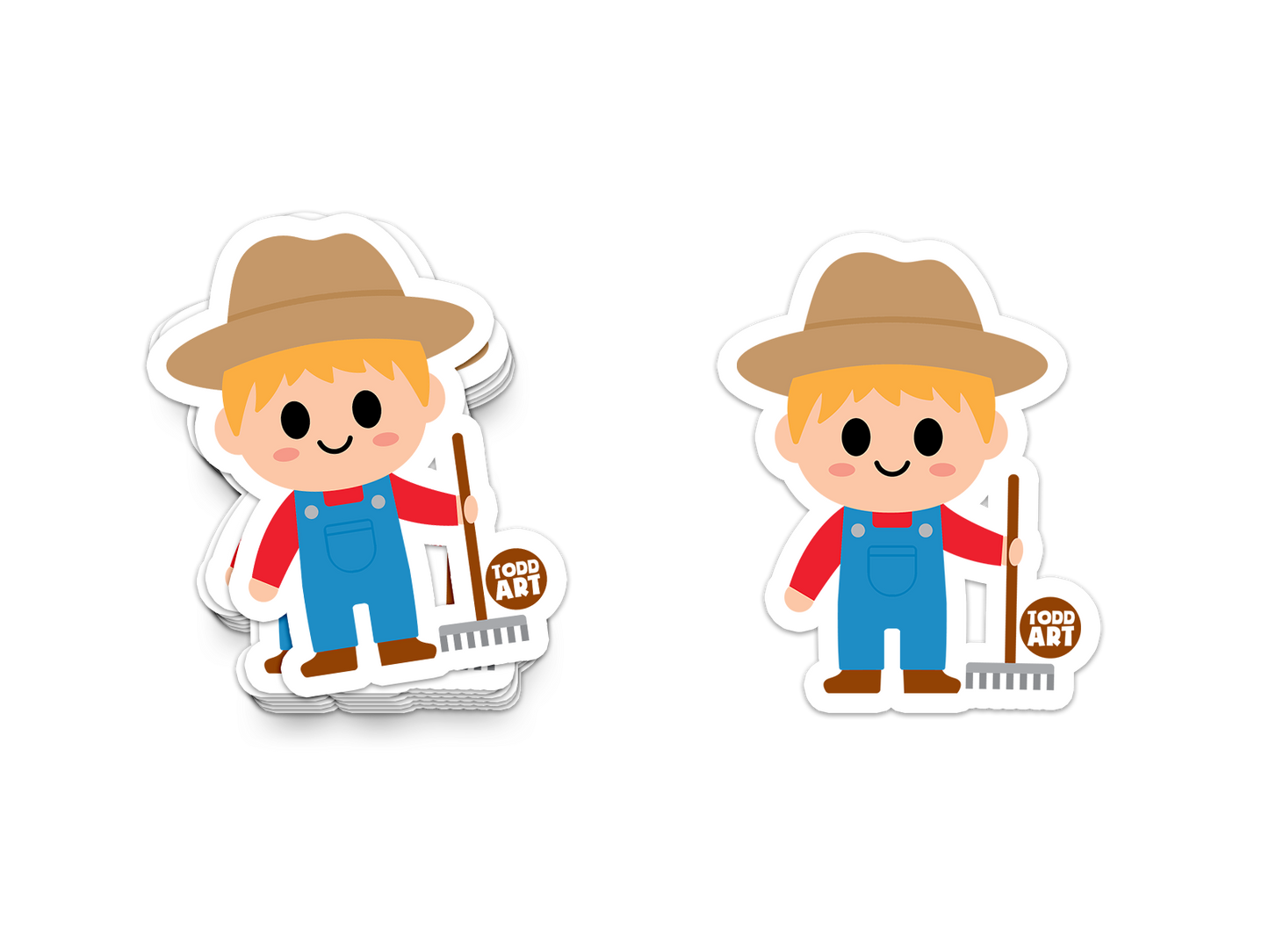 Smiling farmer sticker with overalls, hat, and pitchfork
