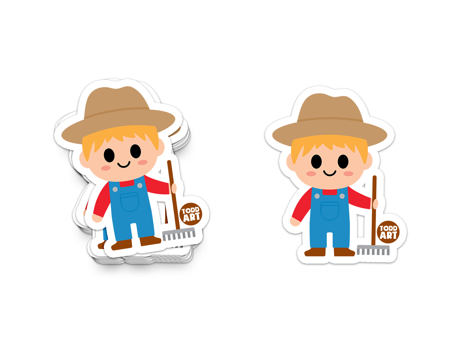 Smiling farmer sticker with overalls, hat, and pitchfork
