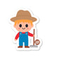 Smiling farmer sticker with overalls, hat, and pitchfork
